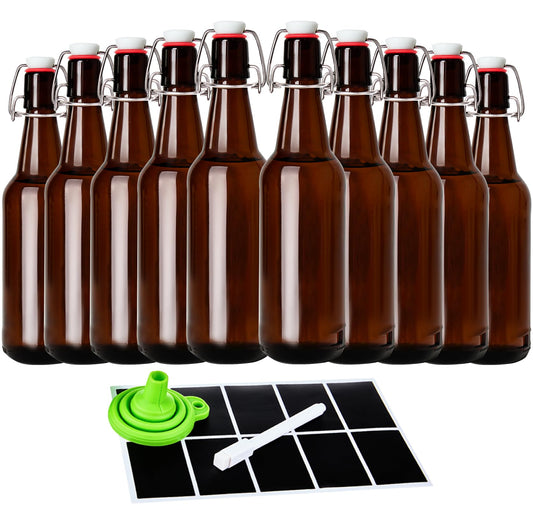 16.5oz Amber Beer Bottles with Flip Caps Set of 10, Swinging Top Glass Brewing Bottles with Airtight Lids for Vanilla Extract, Fermentation Kombucha, Beverage, Water, Kefir, Soda
