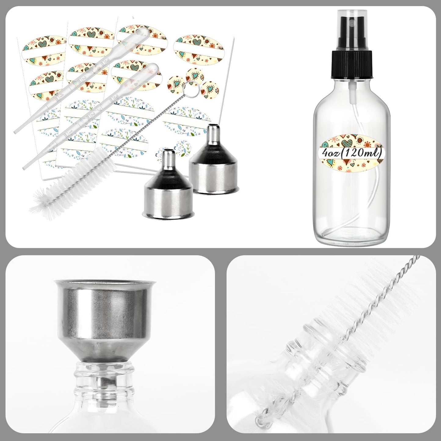 CycleMore 25 Pack 4oz Clear Glass Spray Bottles with Fine Mist Sprayers, Glass Travel Bottles for Cosmetic Essential Oils Cleaning Solutions Perfumes & More Liquids (1 Brush, 2 Funnels and 36 Labels)