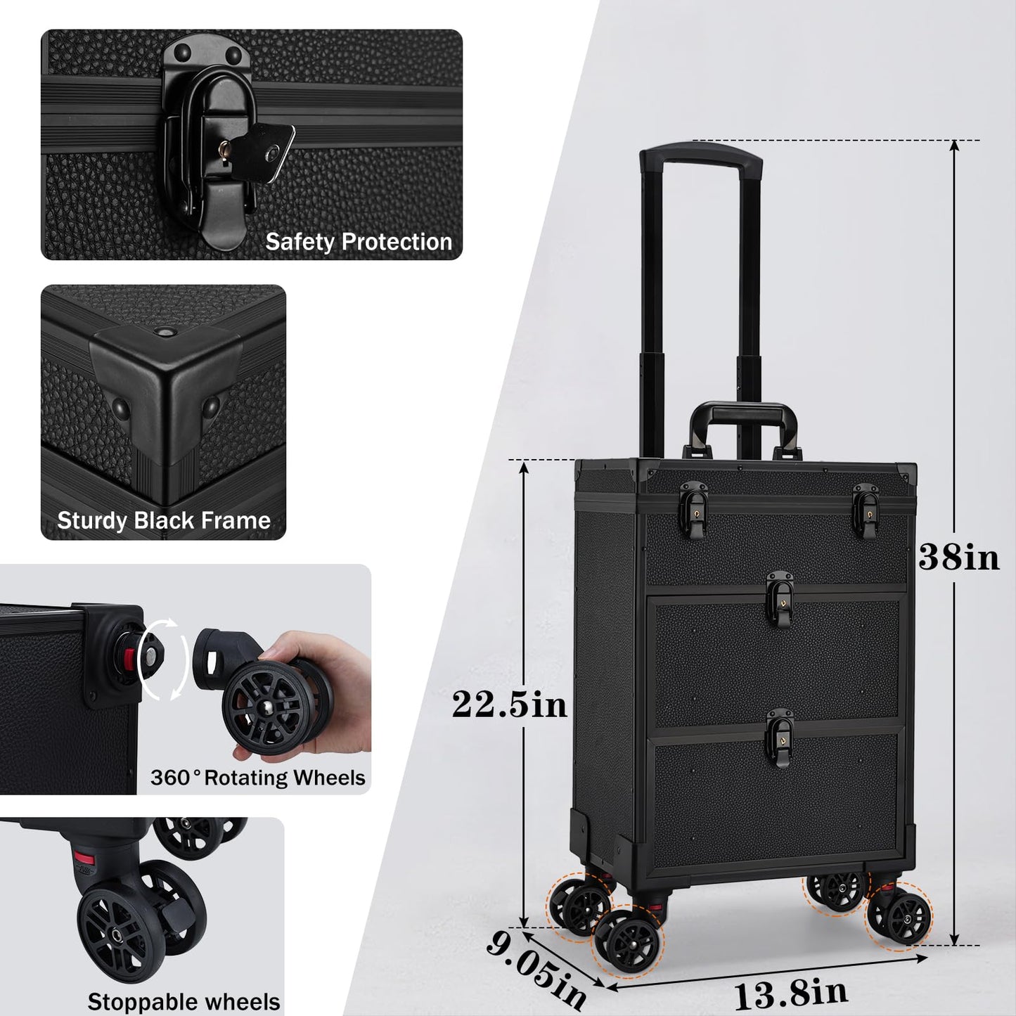 Faquenc Rolling Makeup Train Case with 2 Extra Large Drawers Nail Organizer Case with Wheels Traveling Cosmetology Case with Makeup Pouch for Mobile Stylist Artists Nail Salon Cart Trunk Black