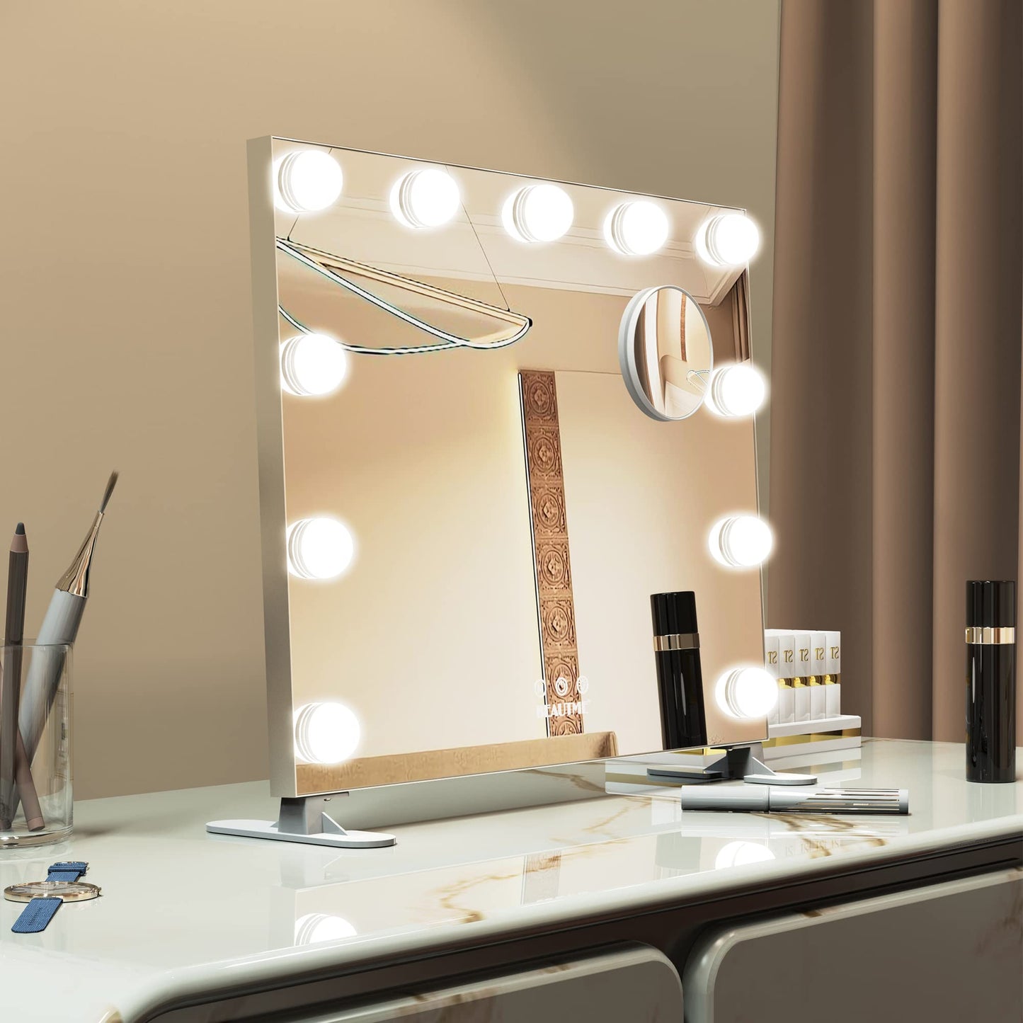 BEAUTME Vanity Mirror with Lights,Dressing Tabletop Vanity Mirror with Led Lights Beauty Mirror, Comes with a Tenfold Magnifying Glass, Intelligent Touch Desktop/Wall Mounted Makeup Mirror
