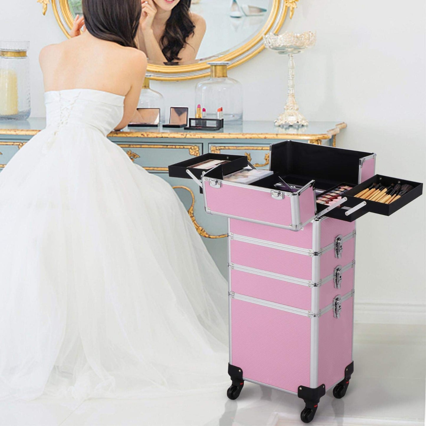 Topeakmart 4 in 1 Professional Makeup Rolling Case, Large Aluminum Cosmetic Train Case, Makeup Tavel Case Travel Beauty Organizer - Pink - with Removeable Wheels