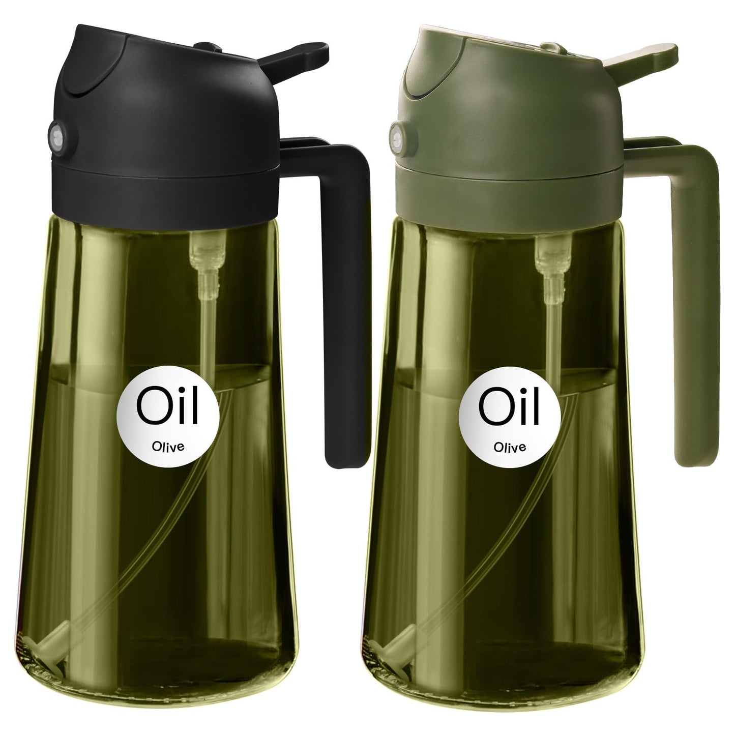 YARRAMATE 2Pcs 16oz/470ml Dark Green Oil Sprayer for Cooking with Stickers, Food-grade Premium 2 in 1 Olive Oil Dispenser Bottle for Kitchen Gadgets, Air Fryer, Salad, Frying, BBQ (Black&OliveGreen)