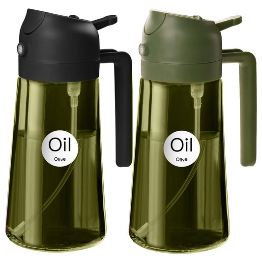 YARRAMATE 2Pcs 16oz/470ml Dark Green Oil Sprayer for Cooking with Stickers, Food-grade Premium 2 in 1 Olive Oil Dispenser Bottle for Kitchen Gadgets, Air Fryer, Salad, Frying, BBQ (Black&OliveGreen)