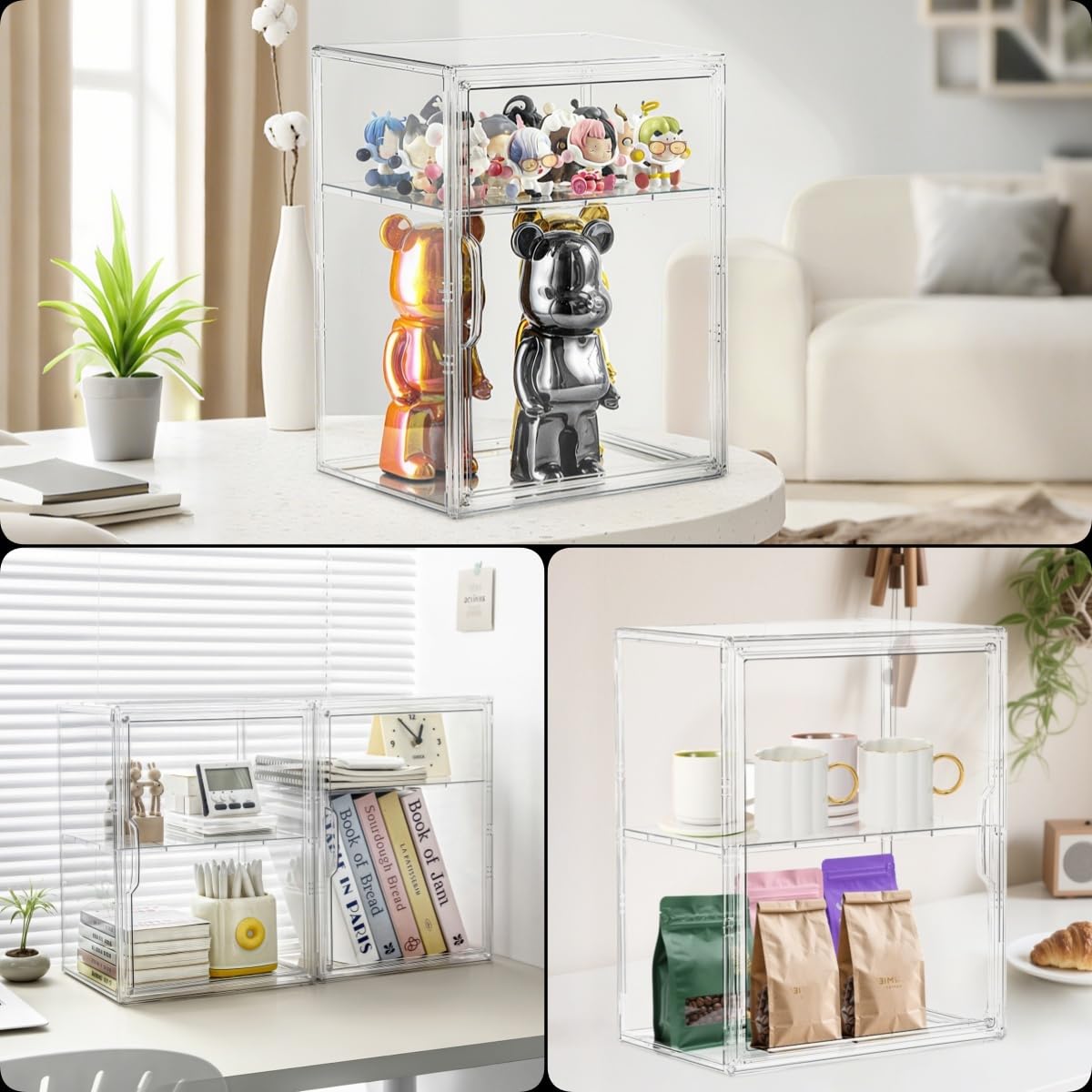 Attelite Acrylic Display Case for Collectibles, Clear Storage Bin with 3 Adjustable Layers, Stackable Storage Box with Magnetic Door for Figures, Home Office,Large,2 Tier Clear Storage Bin,4Pack
