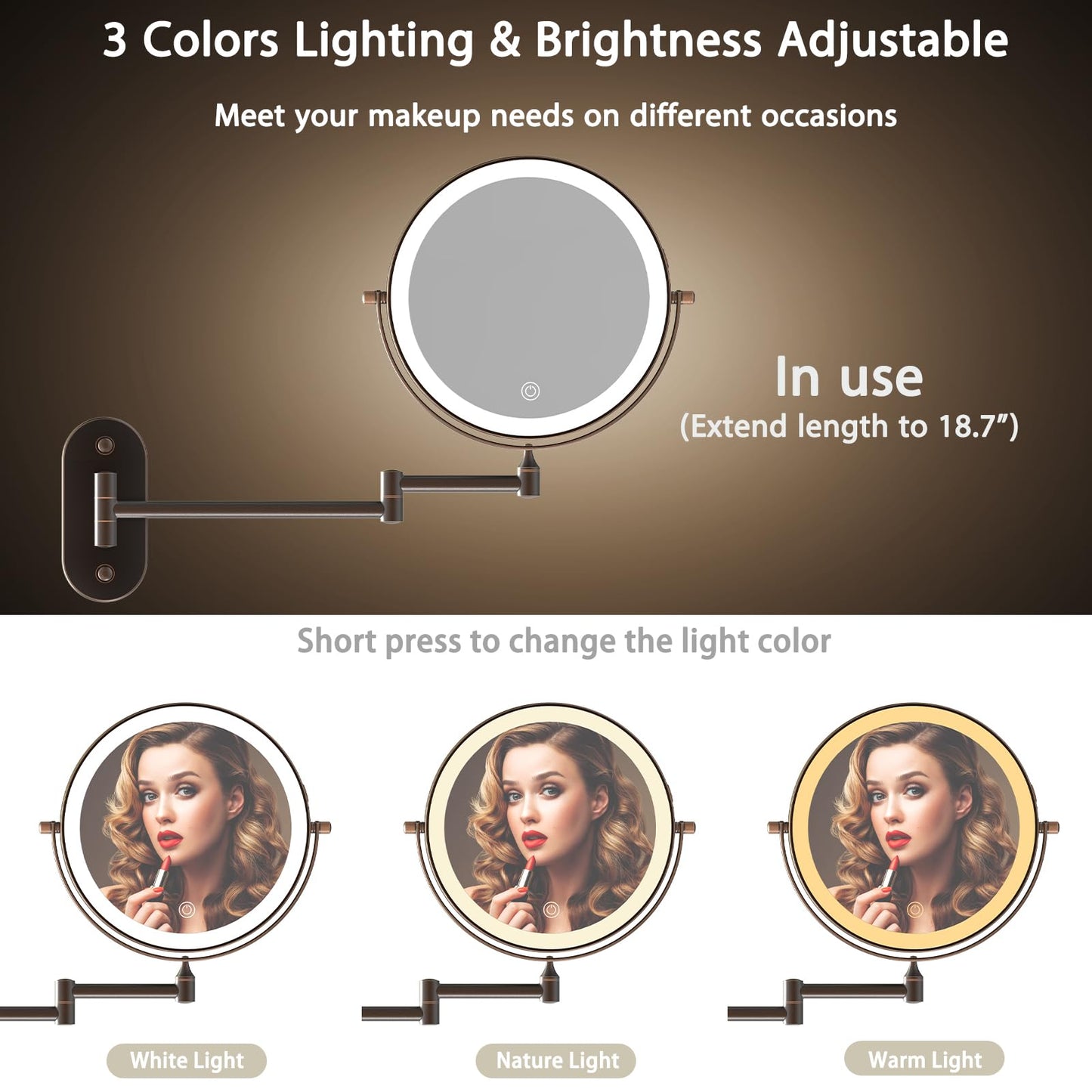 MIROAMZ Rechargeable Wall Mounted Lighted Makeup Vanity Mirror 8 Inch Double Sided 1X 10X Magnifying Bathroom Mirror, 3 Color Lighting, Touch Screen Dimming, 360 Rotation Oil Rubbed Bronze