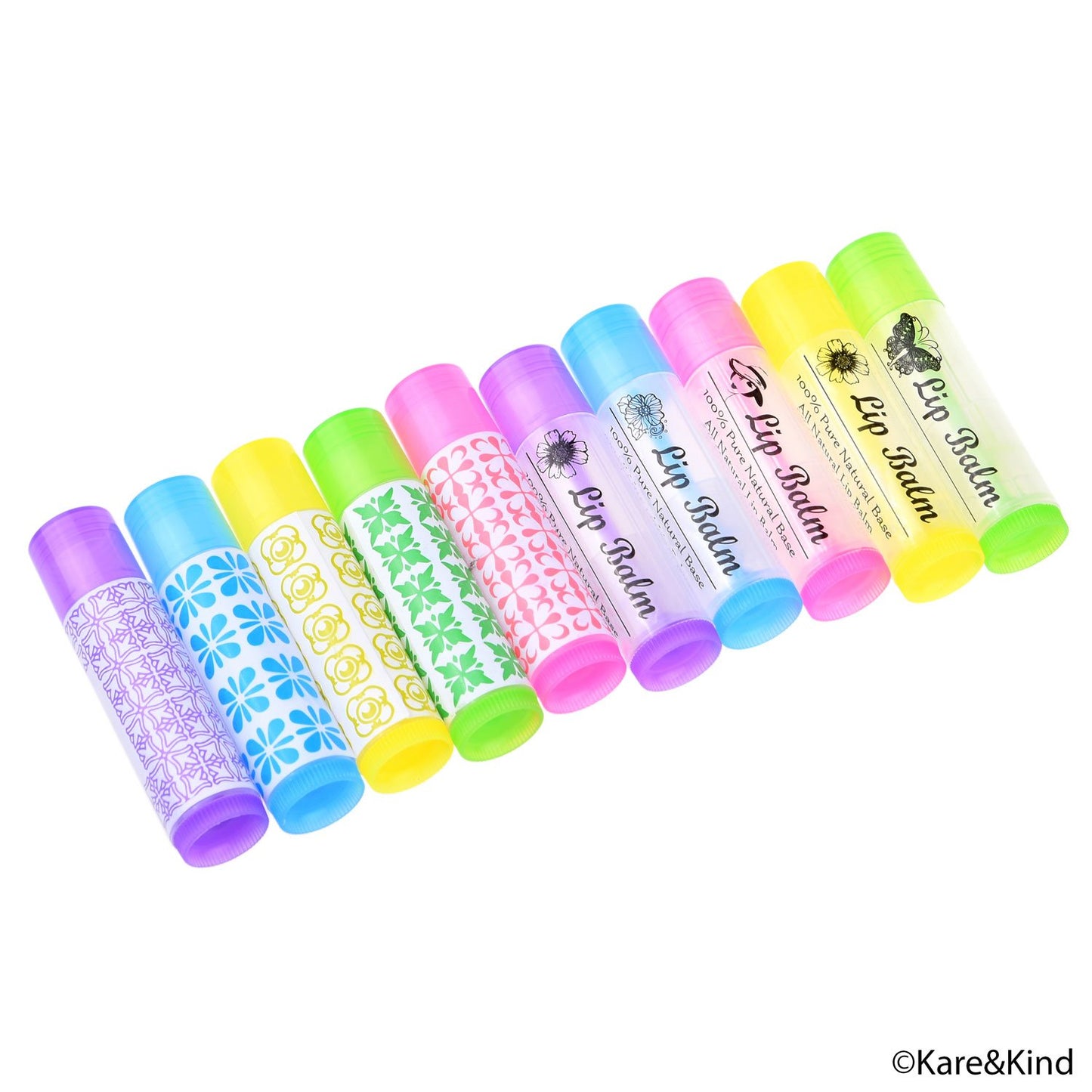 Kare & Kind DIY Lip Balm Container Tubes - 50-Pack (10x5 Colors) - Including 50 Writeable & Printed Lip Balm Stickers - Twist Mechanism and a Cap - 3/16 Oz (5.5 ml) - Moisturizing