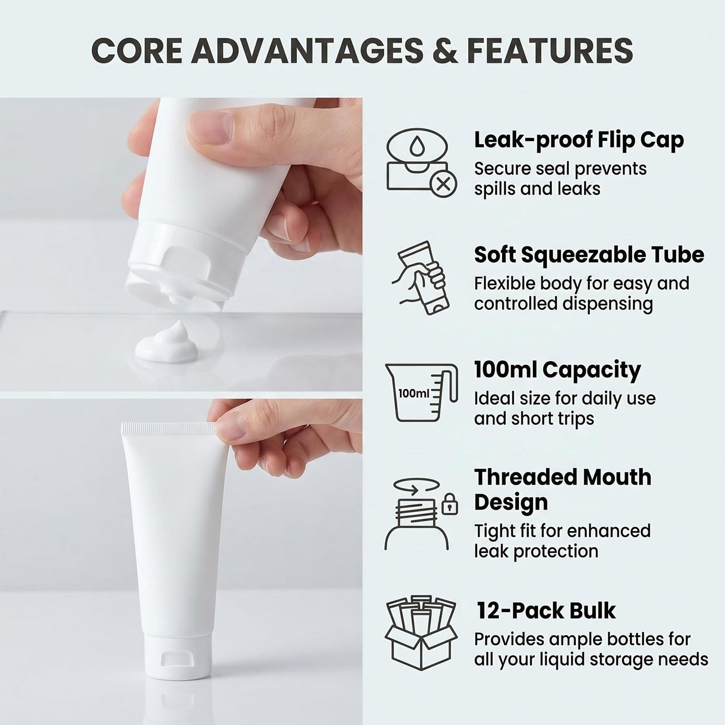 12PCS Refillable Empty Plastic Tubes White Cosmetic Storage Containers Plastic Soft Tubes Bottle for Package Facial Cleanser Hand Cream Cosmetic Lotion(100ML)