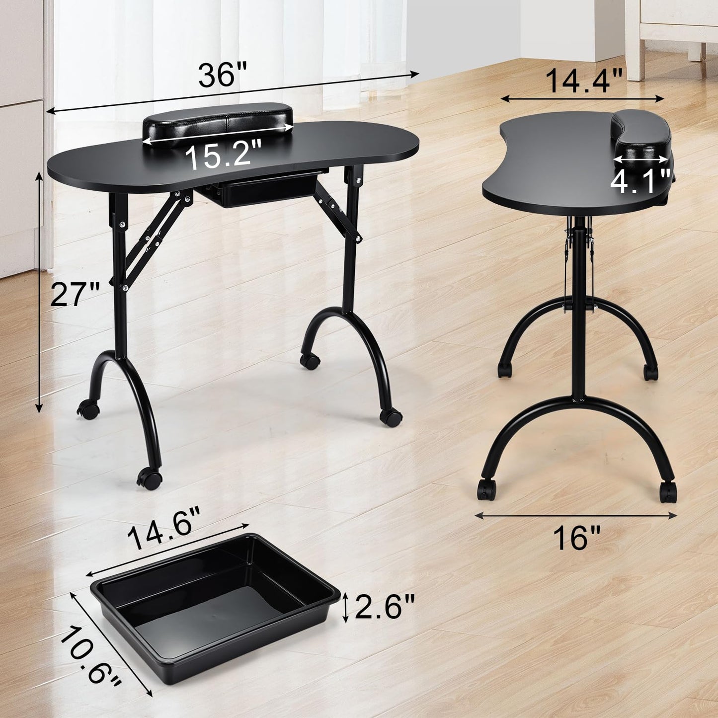 Joligrace Professional Foldable & Portable Manicure Table Nail Technician Desk Workstation with Rolling Wheels Large Drawer Client Wrist Pad Free Carrying Bag Travel Nail Tech Spa Beauty Table, Black