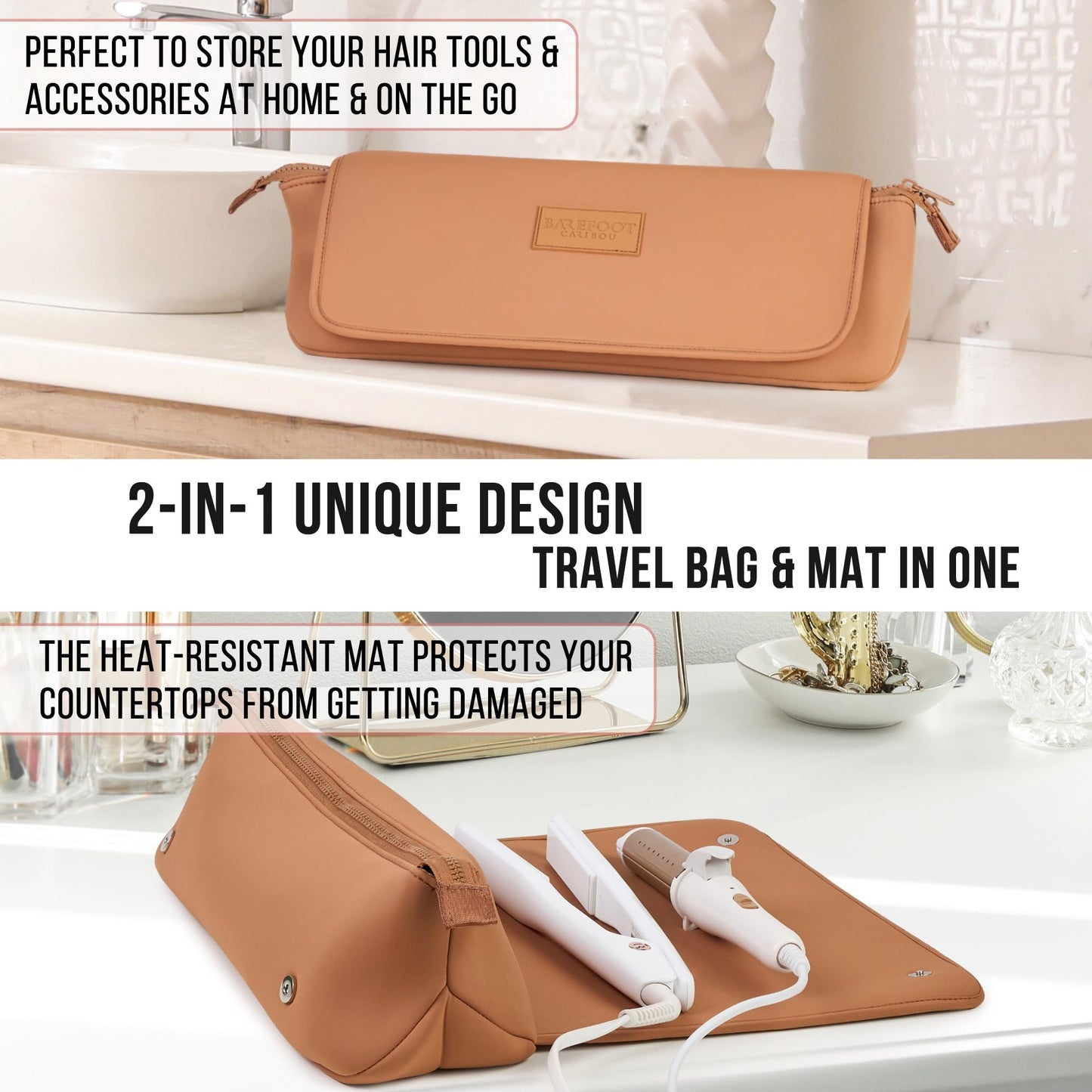 BAREFOOT CARIBOU Hair Tools Travel Bag and Heat Resistant Mat (15.5") for Flat Irons, Straighteners, Curling Iron, Haircare Accessories, 2-in-1 design, Interior Pockets, Portable Organizer (Brown)