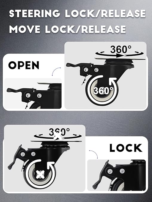 2 Inch Caster Wheels Set of 36 Heavy Duty Casters,with Brake,No Noise Locking Polyurethane (PU) Wheels, for Furniture and Workbench Load 800lbs