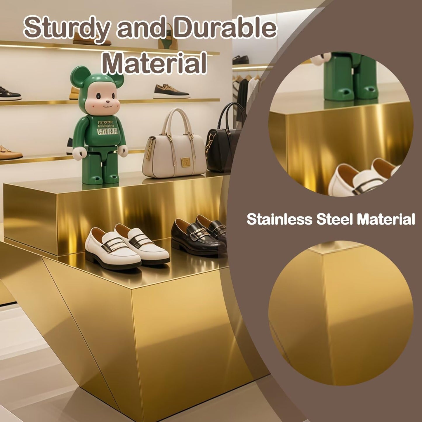 HHEvergreenEnsemble Display Table with Gold Trapezoidal Base,Luxurious Bag Display Stand Includes Double-Layer Storage Design for Retail Stores,Shopping Mall,78.74IN