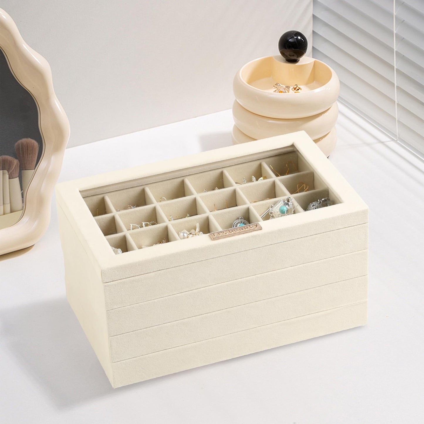 Frebeauty Earring Holder Stackable Jewelry Trays,Velvet Drawer Jewelry Organizer with Glass Lid, 5 in 1 Jewelry Box for Earrings Rings Studs,10.5 x 6.5 x 5.55 Inches Gift for Women (Beige)