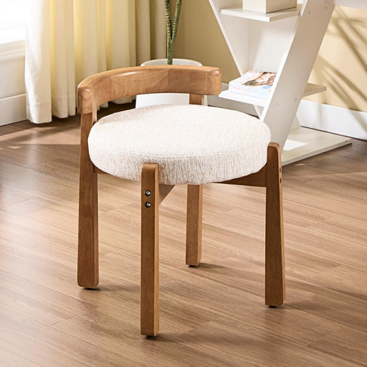 HEAH-YO Wood Vanity Chair with Back, Chenille Upholstered Small Ottoman Footstool, Mid-Century Modern Makeup Chair with Solid Wood Legs for Makeup Room Bedroom Living Room, Beige