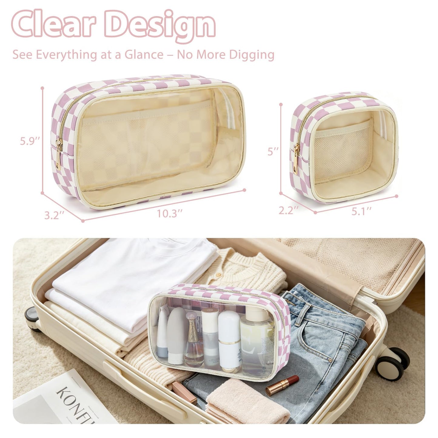 Fammart Clear Travel Makeup Bag for Women, TSA Approved Checkered Cosmetic Bag Make Up Car Organizer Case with Zipper, Large Waterproof Pouch Purse Toiletry Bag for Skincare, Brushes Travel Essentials