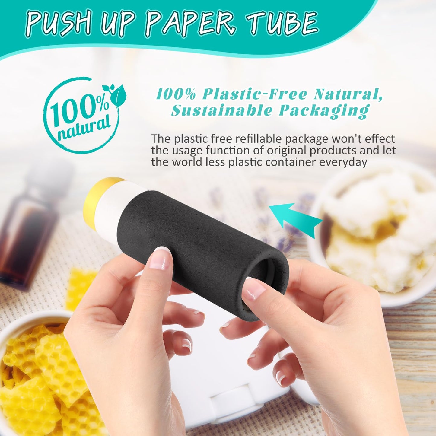 DMuuuDM 50 Pcs 0.3 oz Paperboard Lip Balm Tube,Empty Kraft Paper Chapstick Tube Holder,Push-Up Style Biodegradable Solid Perfume Lip Gloss Container for DIY Homemade Balm,Non-Plastic Container- Black