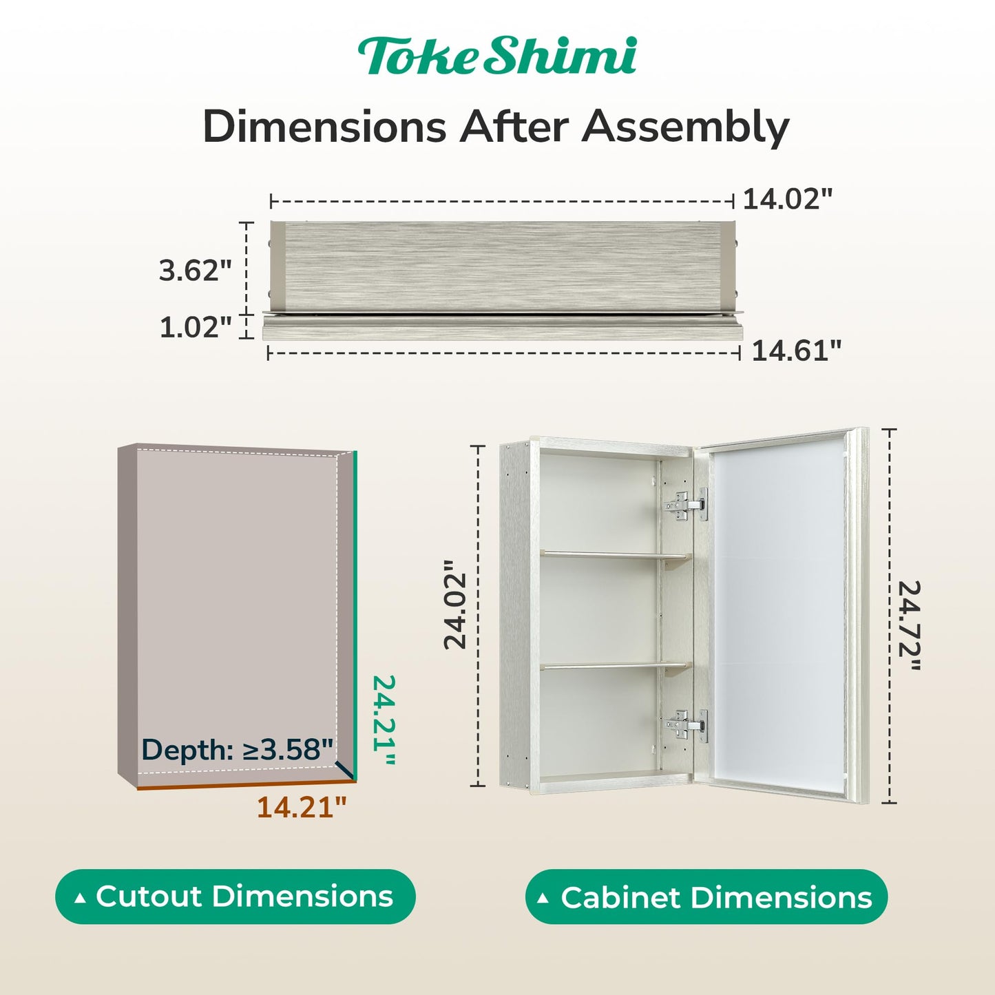 TokeShimi 14 x 24 Brushed Nickel Recessed Medicine Cabinet with Mirror, Assembly Required, Bathroom Medicine Cabinet with Mirror, Stepless Adjustable Shelves, Beveled Aluminum Frame, DTC Hinge