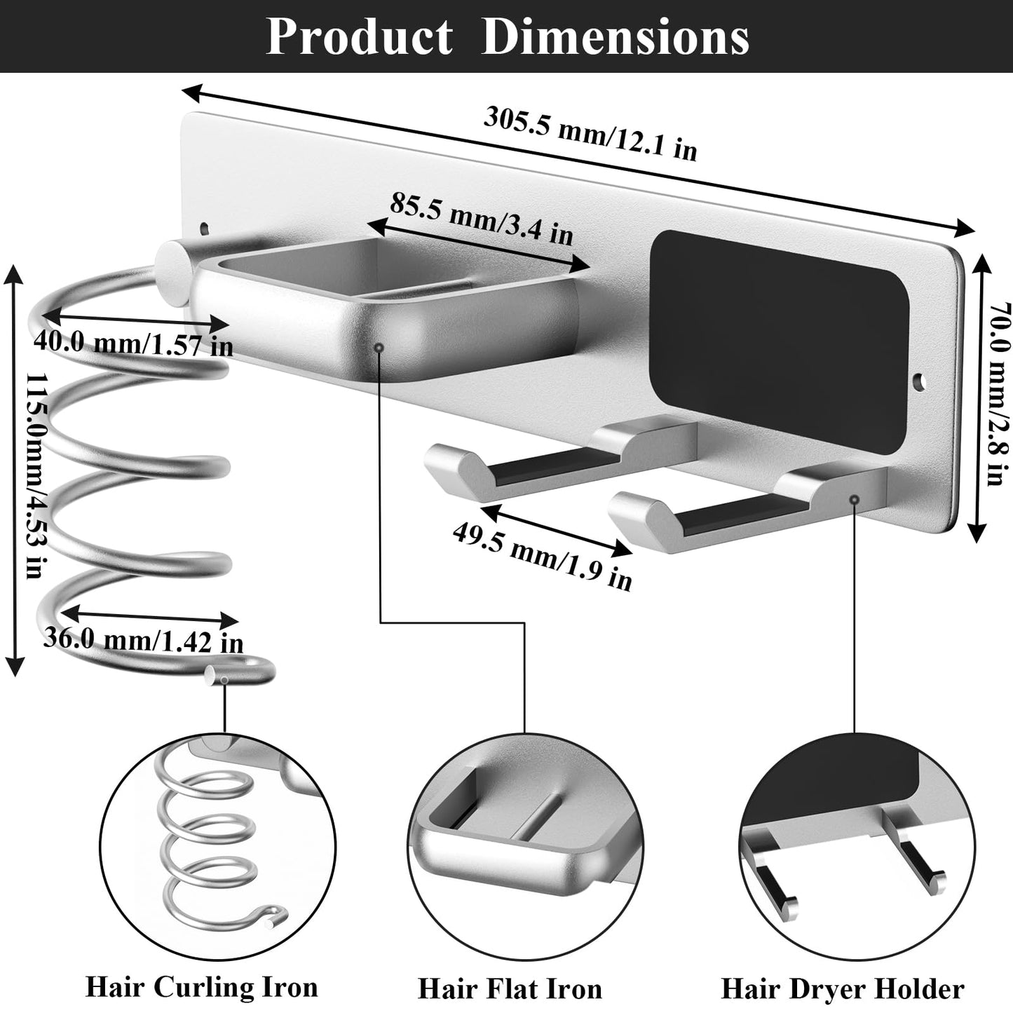 Tindbea Hair Dryer Holder Wall Mount Aluminum Alloy Hot Tools Organizer