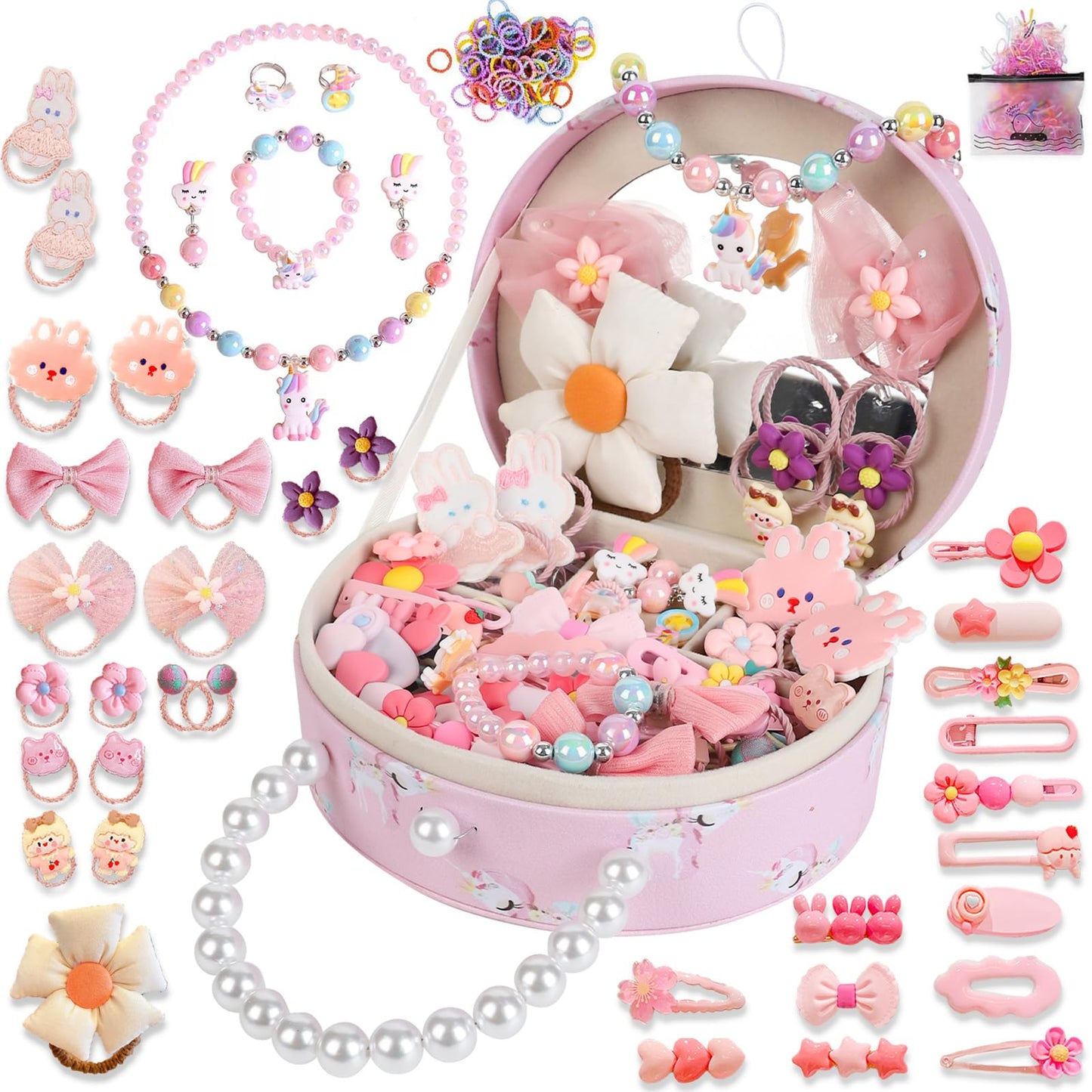 velachuan Princess Jewelry Box for Girls with Hair Accessories,Girls Hair Clips Bows Set, Fashion Hair Styling Kit with Mirror,Pink Sparkle Trinket Box Includes Hair Clips (Flower)