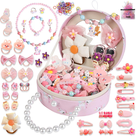 velachuan Princess Jewelry Box for Girls with Hair Accessories,Girls Hair Clips Bows Set, Fashion Hair Styling Kit with Mirror,Pink Sparkle Trinket Box Includes Hair Clips (Flower)