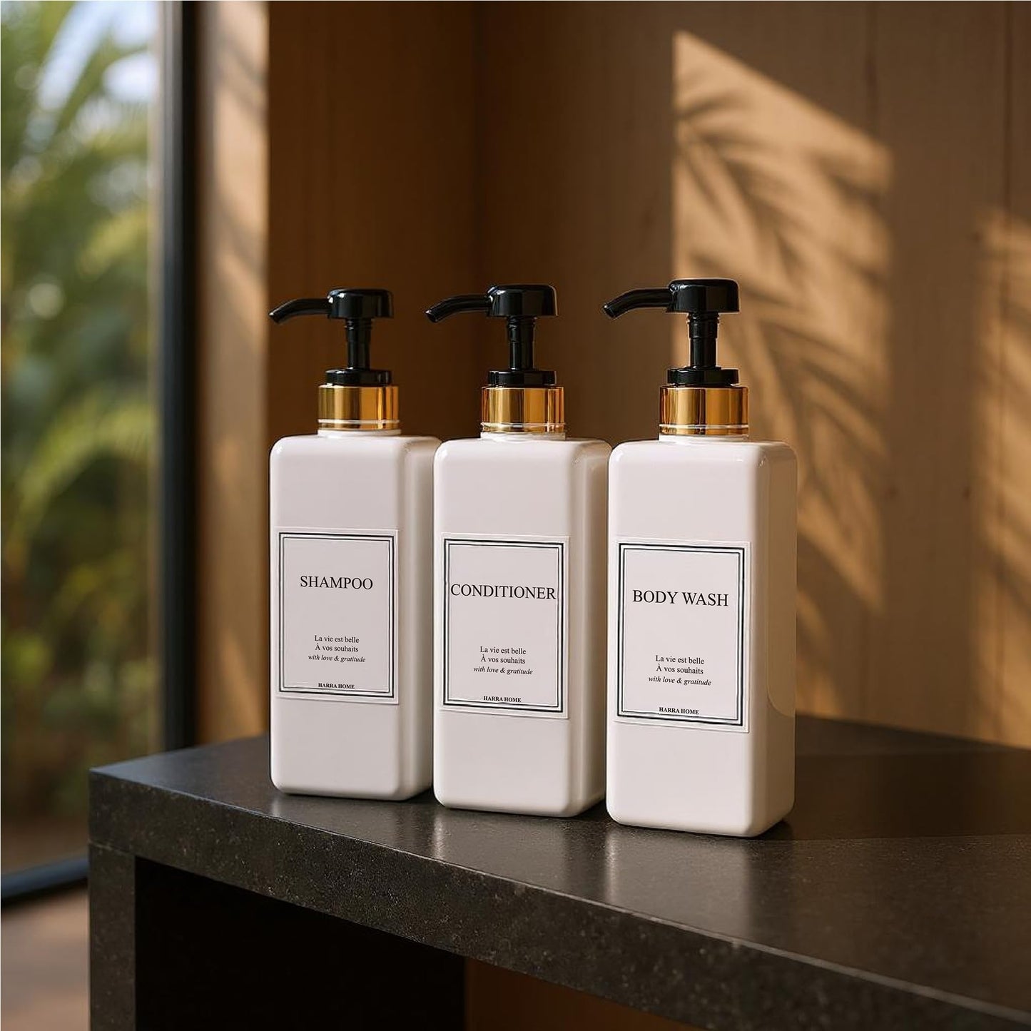 Modern Gold Design Shampoo and Conditioner Dispenser - Large 27oz Shower Soap Dispenser, Set of 3 Refillable Empty Plastic Pump Bottles for Bathroom and Body Wash (6 Waterproof Labels Included), Black