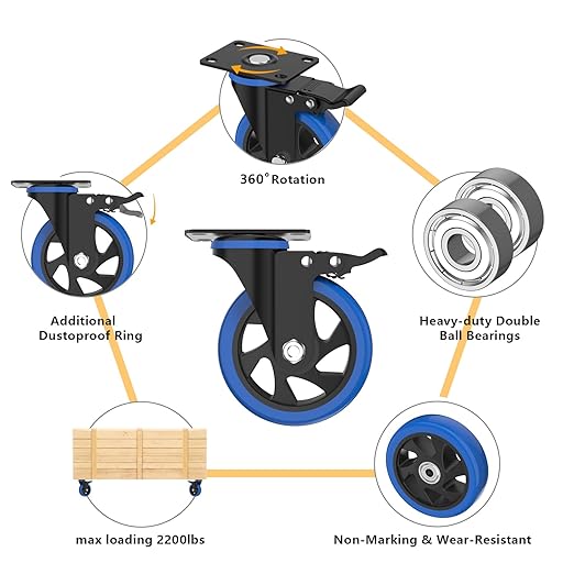 4'' Caster Wheels with Brake, Heavy Duty Casters Set of 4, Swivel Top Plate Casters with Double Ball Bearings, Industrial Locking Castor Wheels for Furniture, Workbench, Cabinet
