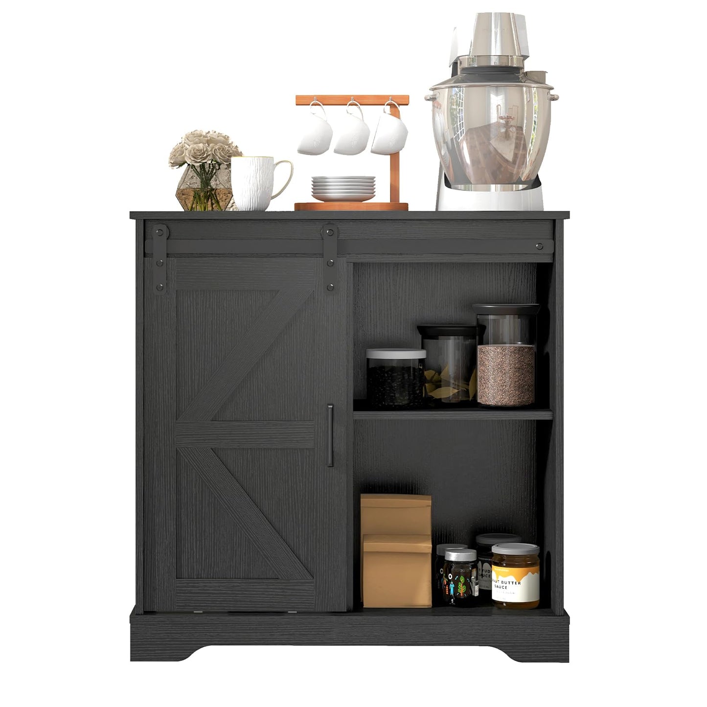Panana Sliding Barn Door Buffet Sideboard Storage Cabinet Coffee Bar Kitchen Farmhouse Style (Black)