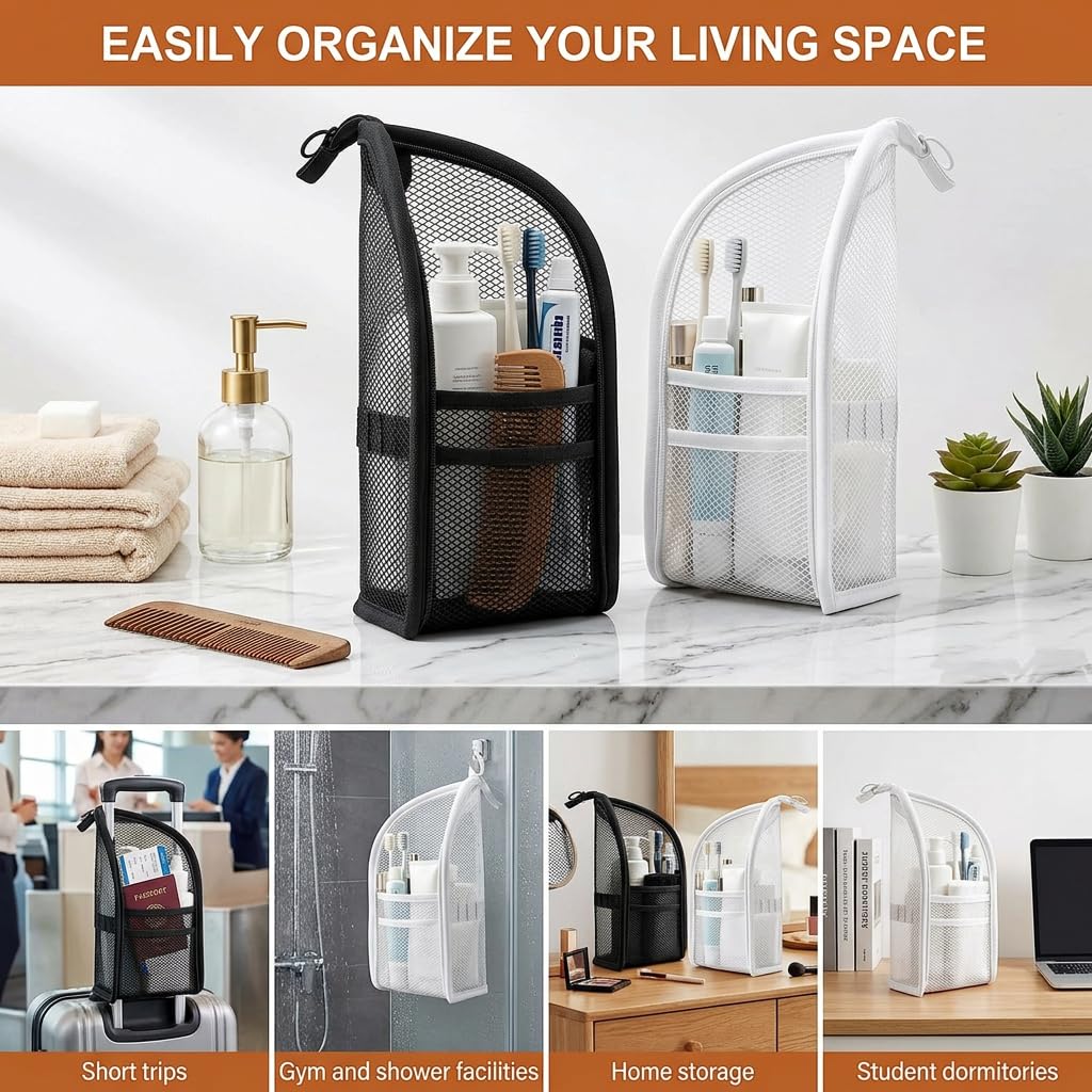 Standing Toiletry Bag,Portable Foldable Hanging Travel Organizer with Zipper and Loop,Mesh Large Capacity Cosmetic Waterproof Bag for Bathroom,Suitcase Packing,Toiletries,Makeup,Skincare (1PC-Black)