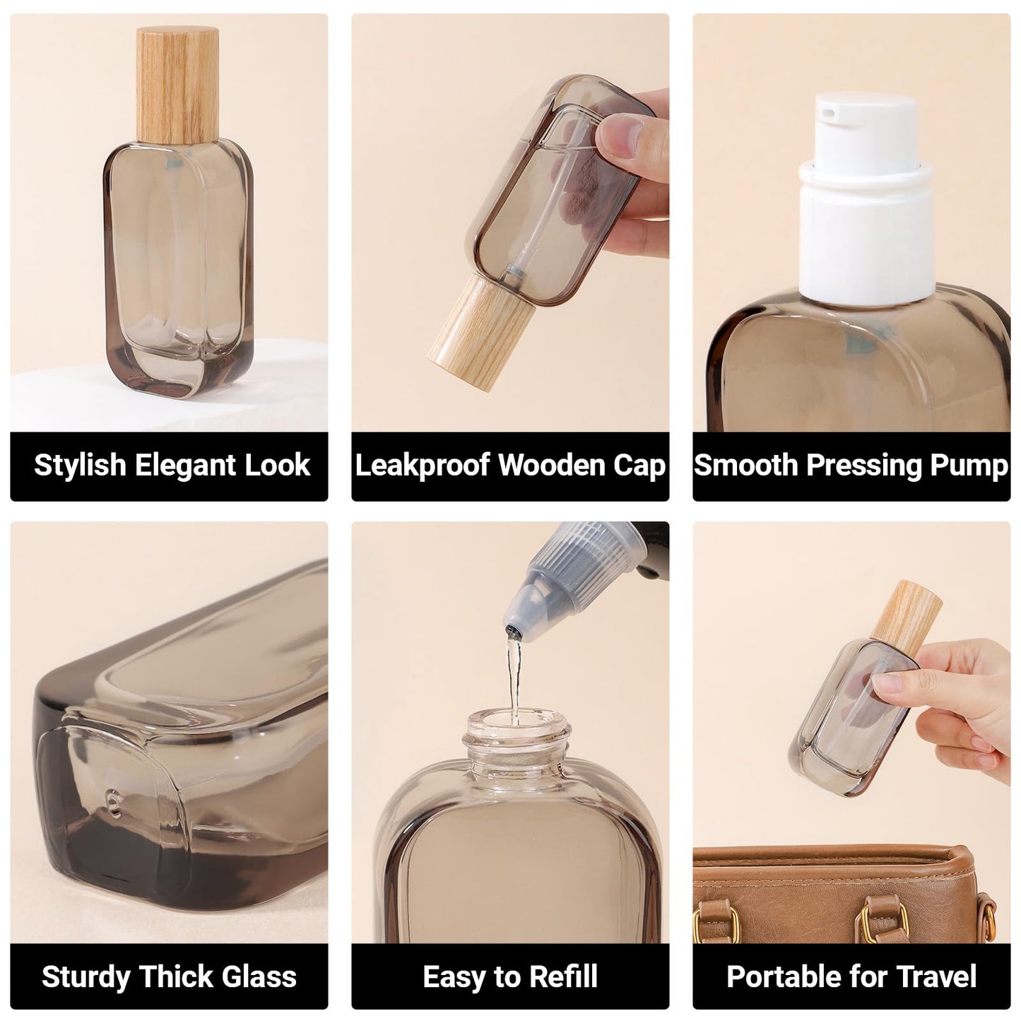 Segbeauty 1.7oz Empty Glass Travel Size Containers, 2pcs Glass Lotion Travel Pump Bottle Refillable, 50ml Black Lotion Pump Dispenser Leakproof, Thick Mini Sample Bottles for Cream Essential Oils