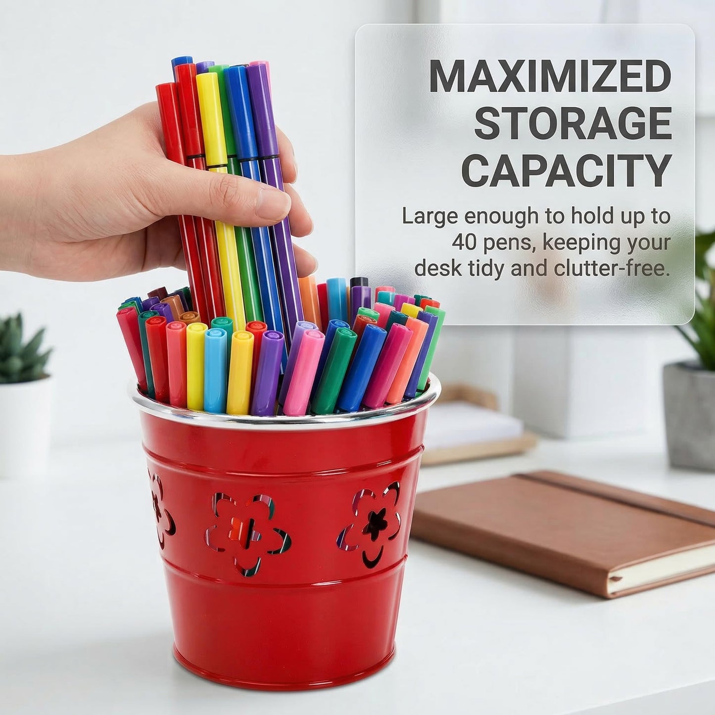 Noamus 9 Pack Metal Pen Holder, Desktop Pencil Bucket with Hollow Flower Cutouts, Colorful Makeup Brush Storage Cup, Versatile Cutlery Pots for Office Classroom School Crafts(9 Color)