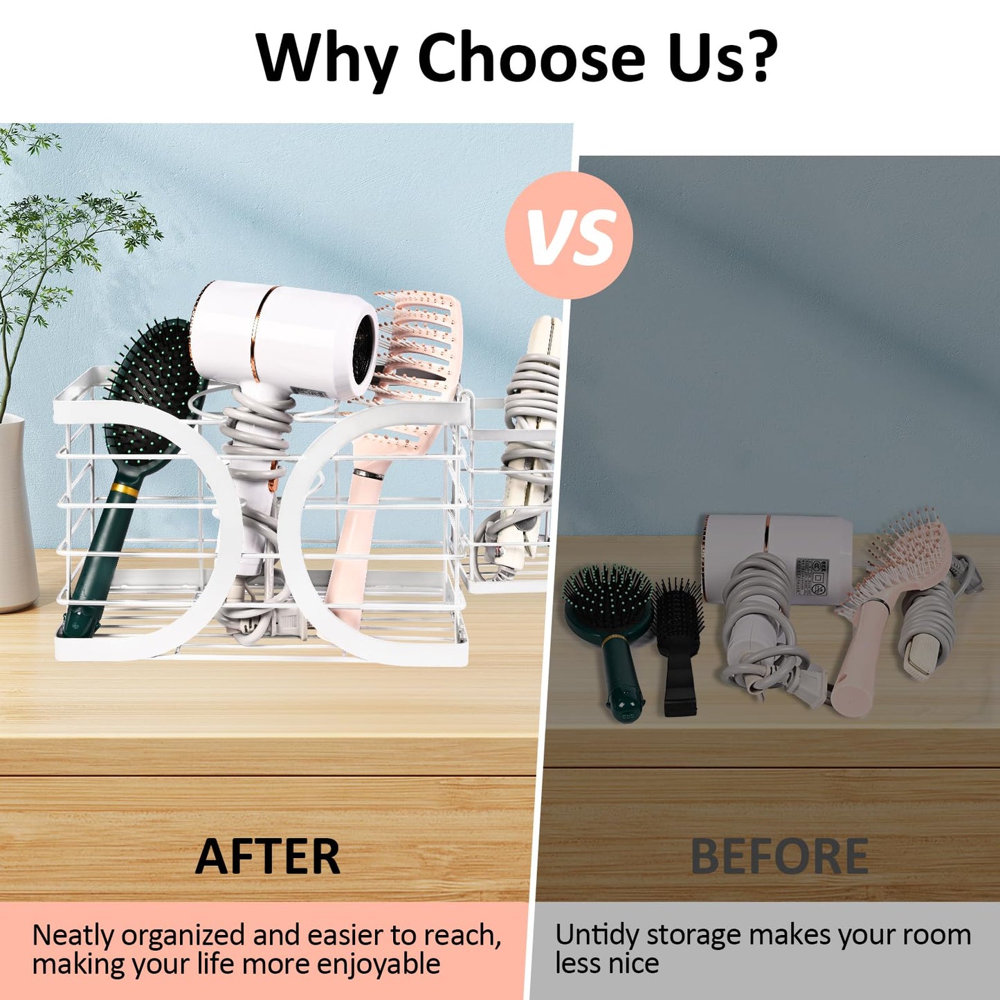 ziroland Elegant White Wall Mounted Hair Dryer Holder - Stylish Bathroom Organiser for Hair Dryer & Straightener, Hair Brush & Accessories