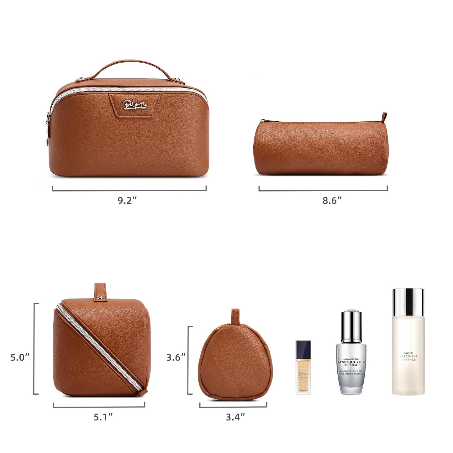 BOYATU Travel Makeup Bag Cosmetic Bags for Women: Large Capacity 3 Pcs Set Make up Bag with Compartments - Waterproof Vegan Leather Toiletry Organizer Bags with Handle (L25Brown)