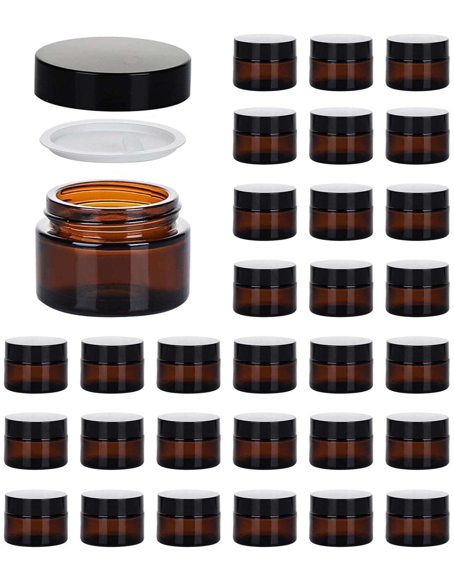 1oz Glass Jar with Lid, Hoa Kinh 30Pack Amber Round Containers Cosmetic Glass Jars with Inner Liners and Black Lids Travel Jars for Storing Lip and Body Scrub, Lotion, Body Butter, Bath Salts, Liquid