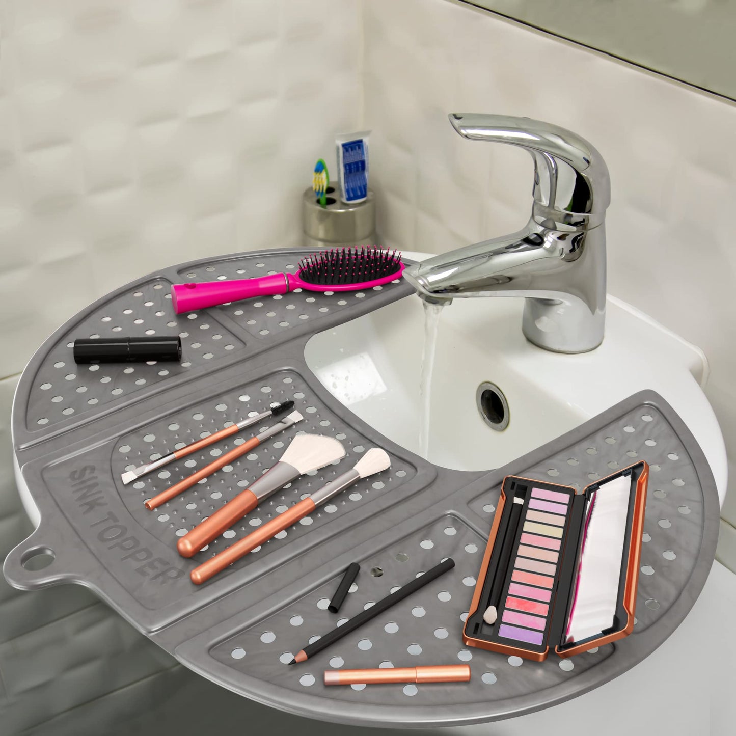 Sink Topper Bathroom Counter Cover & Storage Saver, Foldable Silicone Mat for Hot Tools, Hair Styling & Makeup, Beauty Brush Cleaning Mat, RV Camper Sink Cover & for Small Spaces (Standard Silver)