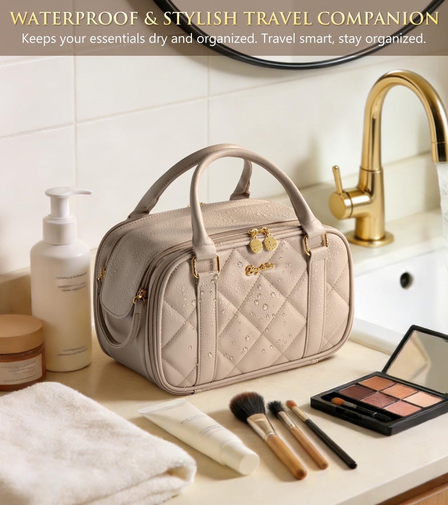 Bagstellar Travel Makeup Bag, Large Capacity Quilted Toiletry Bag for Women Stand-up Cosmetic Bag Open Flat Make Up Case Organizer Portable Pouch Purse w/Handle for Traveling Accessories, Camel