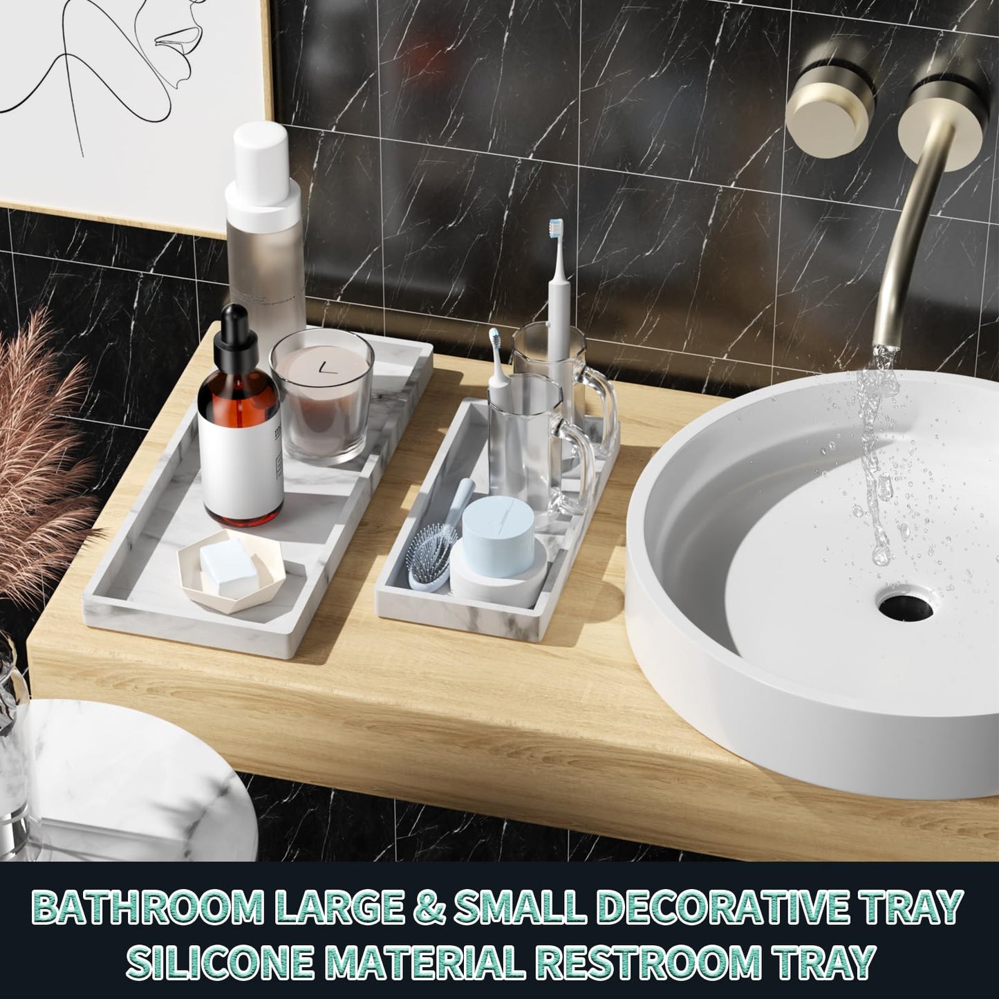 BBK Bathroom Vanity Tray - 2 Pack (7.8" and 11.8") Silicone Bathroom Trays for Counter, Perfume Key Trinket Ring Tray, Decor Soap Dispenser Countertop Tray for Kitchen Sink Organization (Marble Gray)