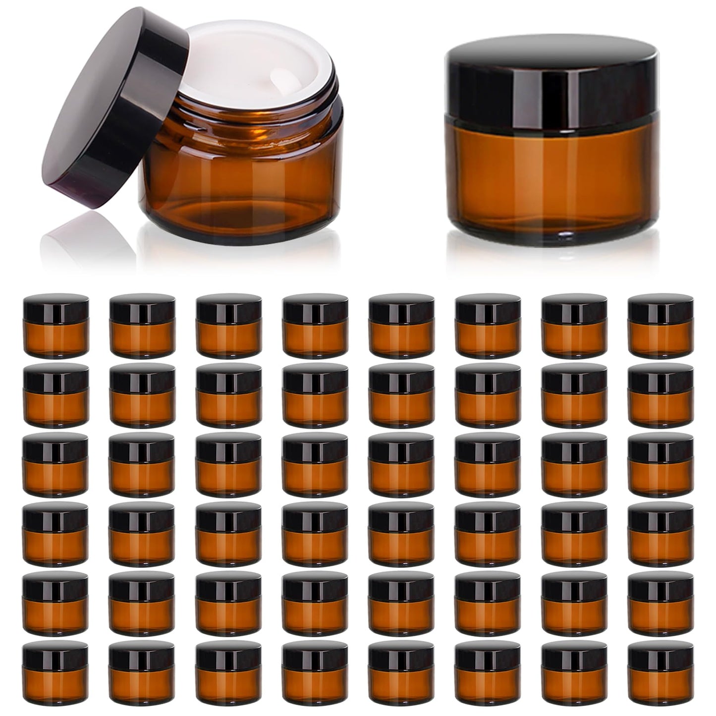 PetalPursuit 2oz Amber Glass Jars with Lids, 48 Pack Sample Containers for Storing Lotions, Moisturizers, Lip Balm and Cosmetics