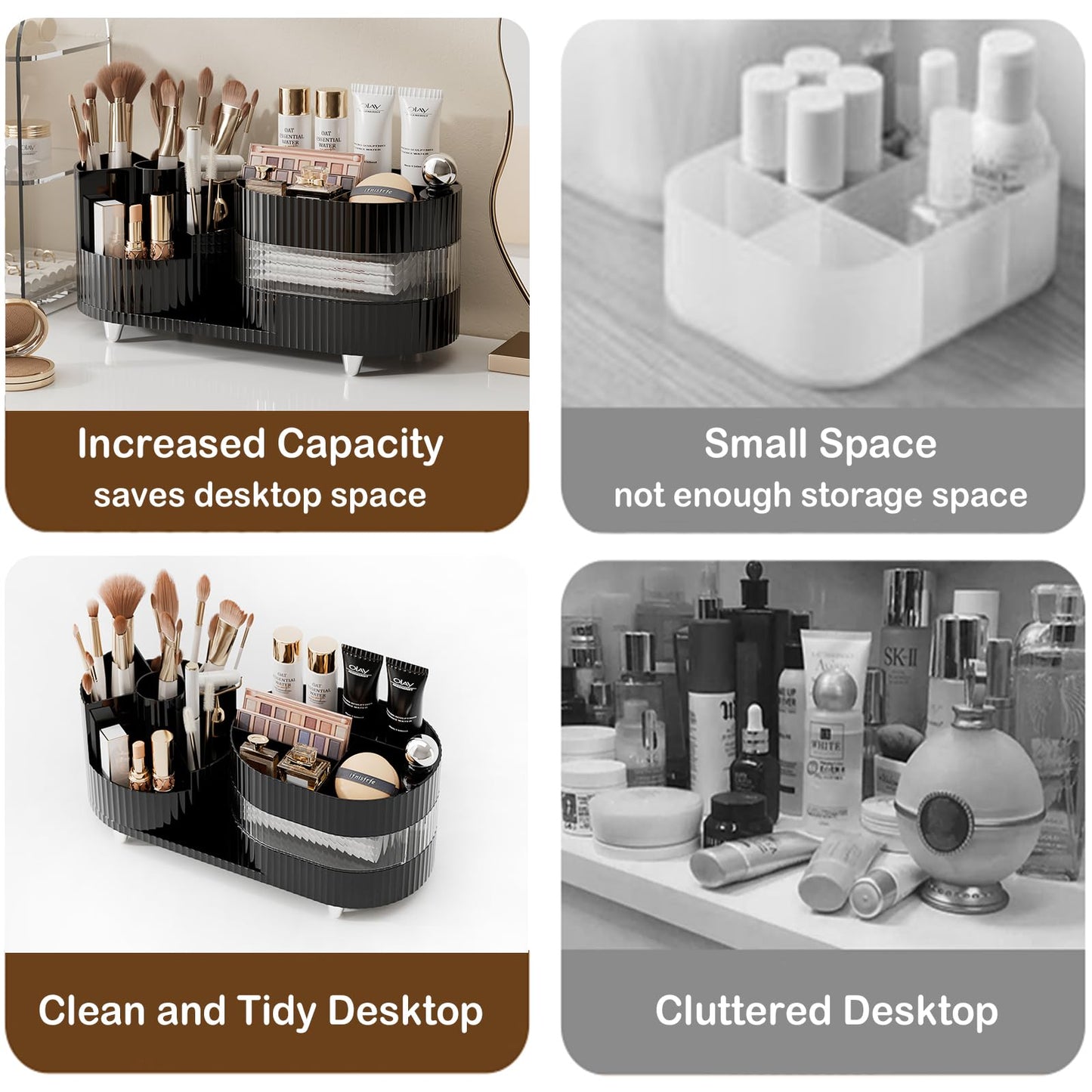 Rotating Vanity Organizer with Brush Holder and Drawer, 3 Layer Cosmetic Skincare Storage, Large Countertop Makeup Perfume & Lotions Display Case (Black)