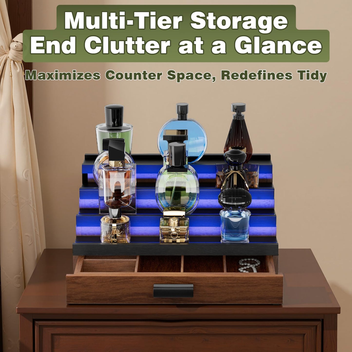 TIRYIUOU Perfume Cologne Organizer for Men: with LED Light 4 Tier Wooden Perfumes Stand, Desktop Parfum Holder Wood Display Shelf with Cabinet, Bedroom Makeup Lotion Jewelry Storage Rack with Drawer