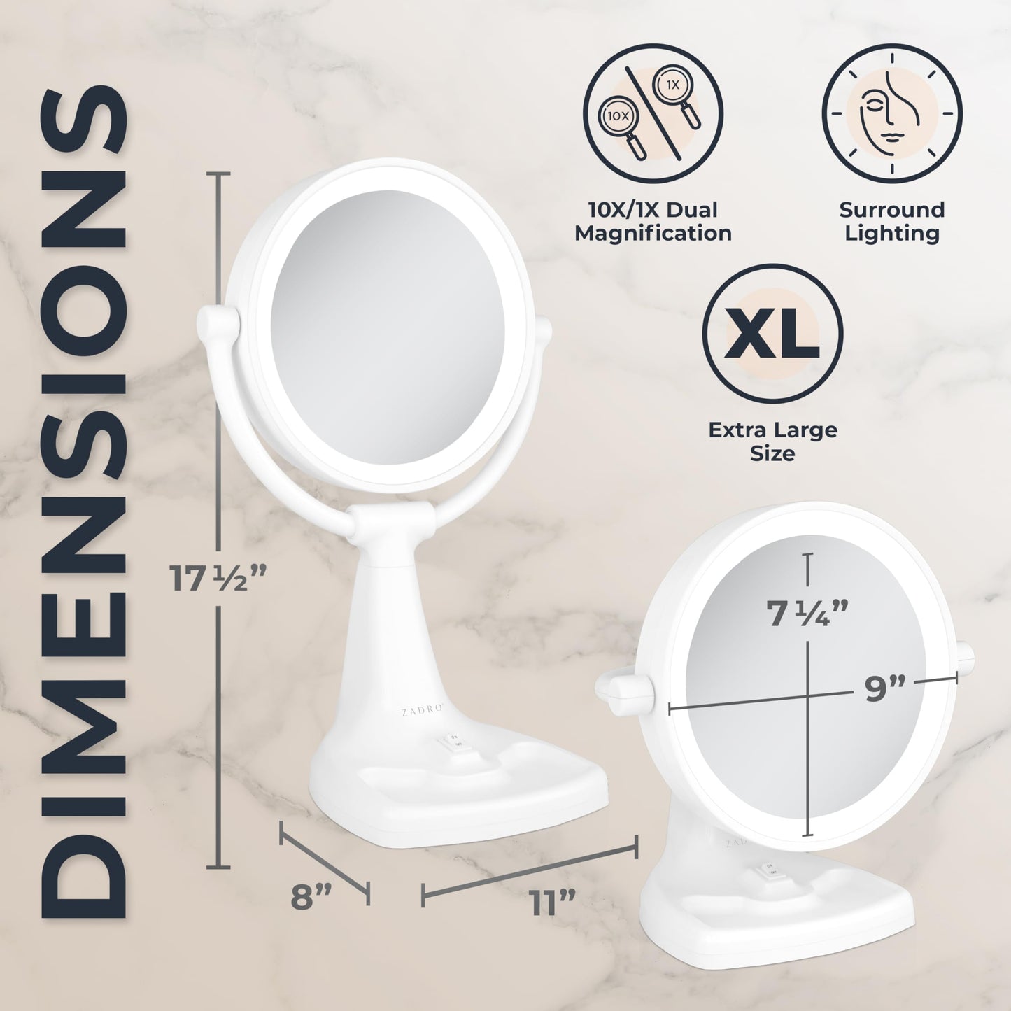Zadro 11" Fluorescent Lighted Makeup Mirror with 10X/1X Magnification and Tray