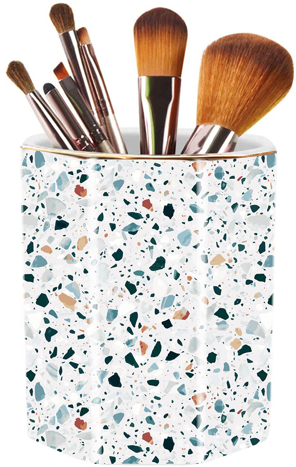 LEAZUL Pen Holder, Makeup Brush Holder Ceramic Shiny Gold Terrazzo Marble Stone Pattern Pencil Cup for Girls Kids Women Durable Stand Desk Organizer Storage Gift for Office, Classroom, Home Light Blue