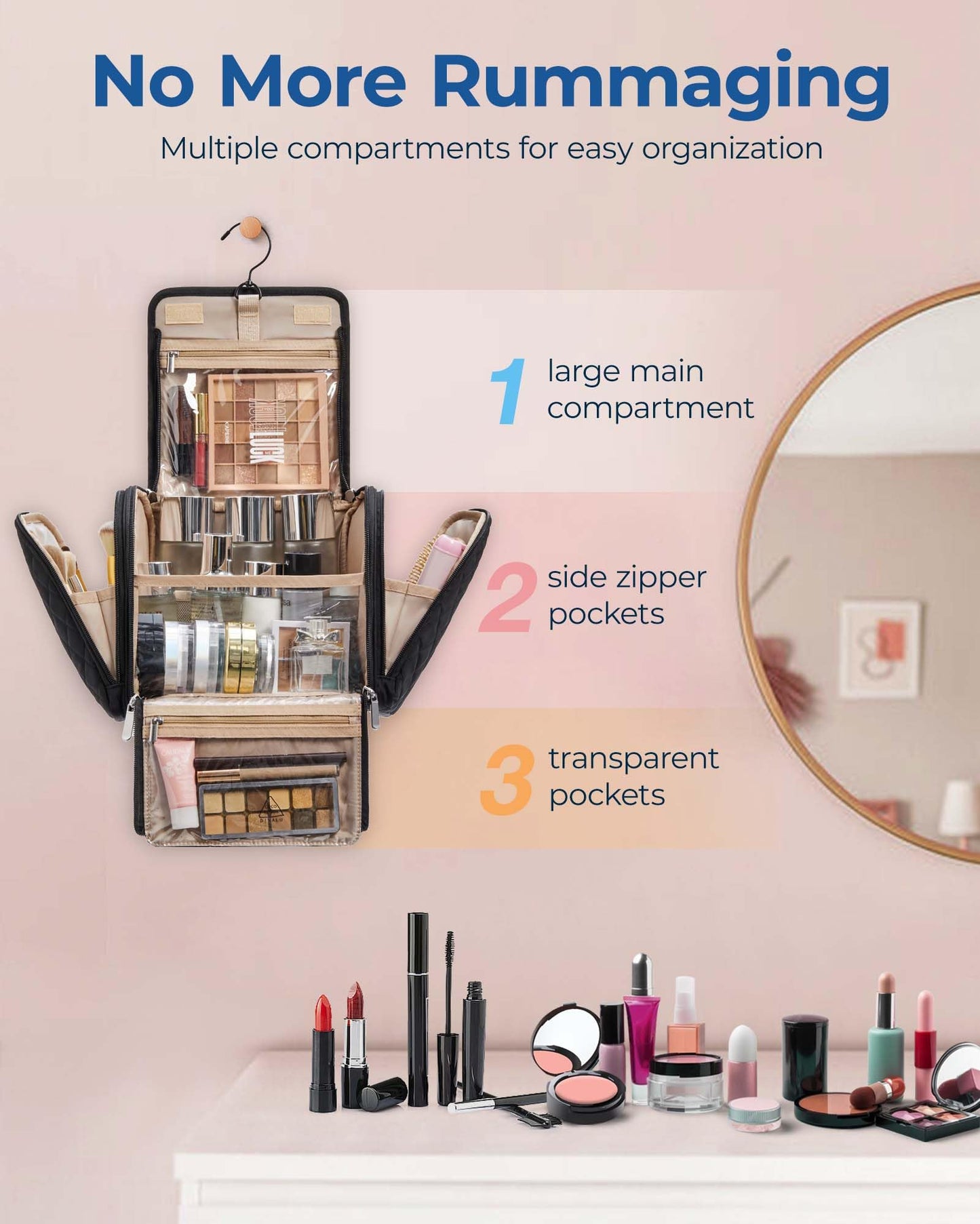 BAGSMART Toiletry Bag for Women, Travel Toiletry Bag Makeup Cosmetic Bag with Hanging Hook, Water-resistant for Toiletries Accessories Brushes Sponge