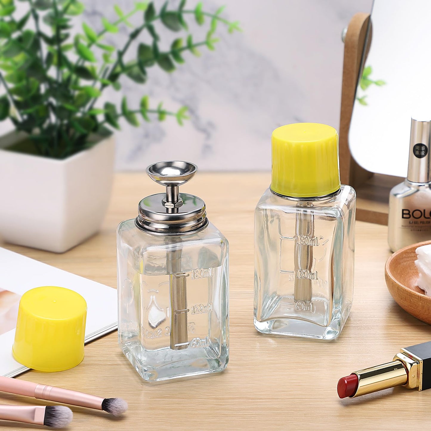 Noverlife 2PCS 6Oz / 180ml Clear Acetone Dispenser with Cap, Square Glass Nail Polish Remover Pump Alcohol Dispenser Alcohol Bottle, Refillable Push Down Pump Bottle for Makeup Remover