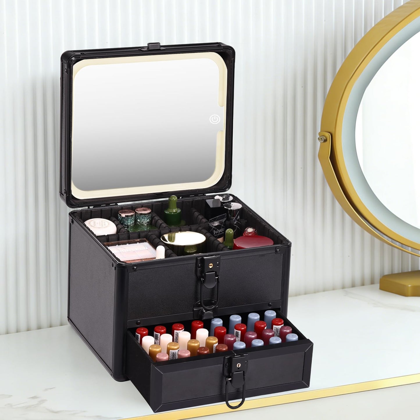 Leeora&Leekoo Makeup box with Drawer and lighted mirror travel train Case, cosmetic organizer with Adjustable Dividers and Magnetic led mirror (Black)
