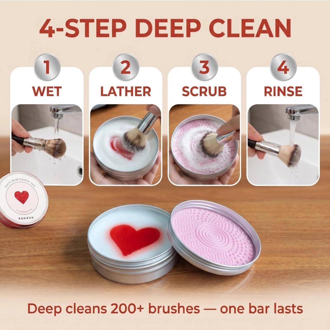 Luslife Makeup Brush Cleaner Soap, with Silicone Pad, 3.53oz(100g), 2-in-1 Solid Cleaner for Synthetic & Natural Brushes & Sponges, Deep Cleans Waterproof Makeup,Cruelty-Free,Heart Shape