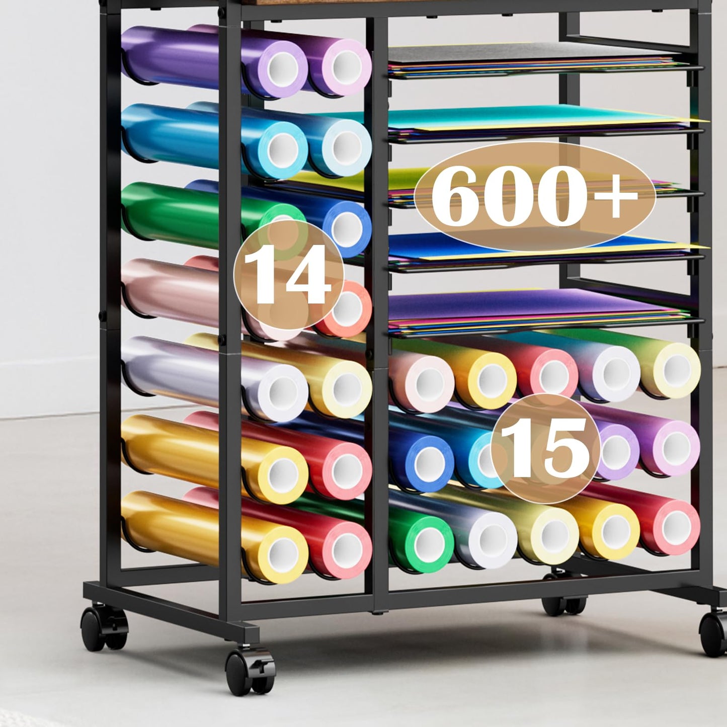 Craft Organizers and Storage Compatible with Cricut Machine Rolling Craft Storage Cart with 29 Vinyl Roll Holders & 6 Hooks Crafting Table Organization Workstation for Craft Room Home, Rustic Brown