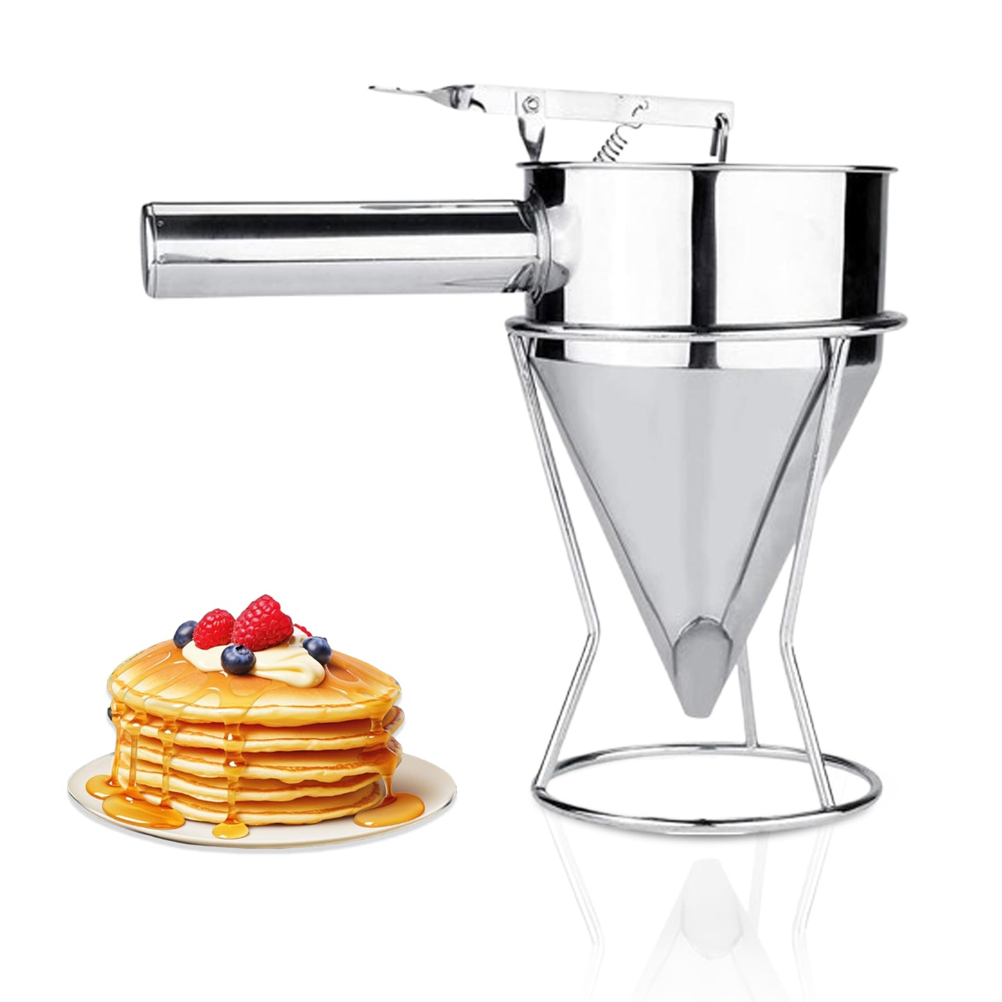 KOLIBROX Piston Funnel with Stand - Stainless Steel Confectionery Funnel for Batter Dispensing & Bakery Use - Precise Cake Decorating Tool - Perfect for Pouring Sauces, Chocolate & Fillings | Silver