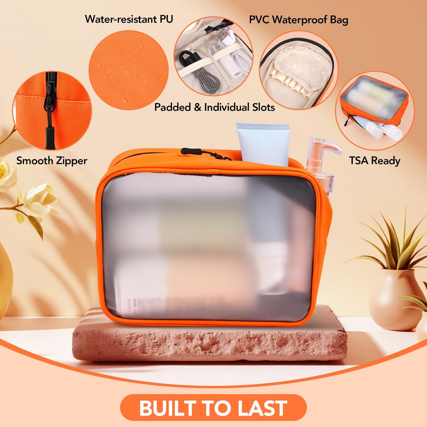 Idcymoul Travel Toiletry Bag Set for Women, Compact Size 5-Piece Hanging Organizer Kit with TSA Approved Cosmetic Bag, Jewelry Case & Cable Pouch, Waterproof Makeup Bag for Travel Essentials - Orange