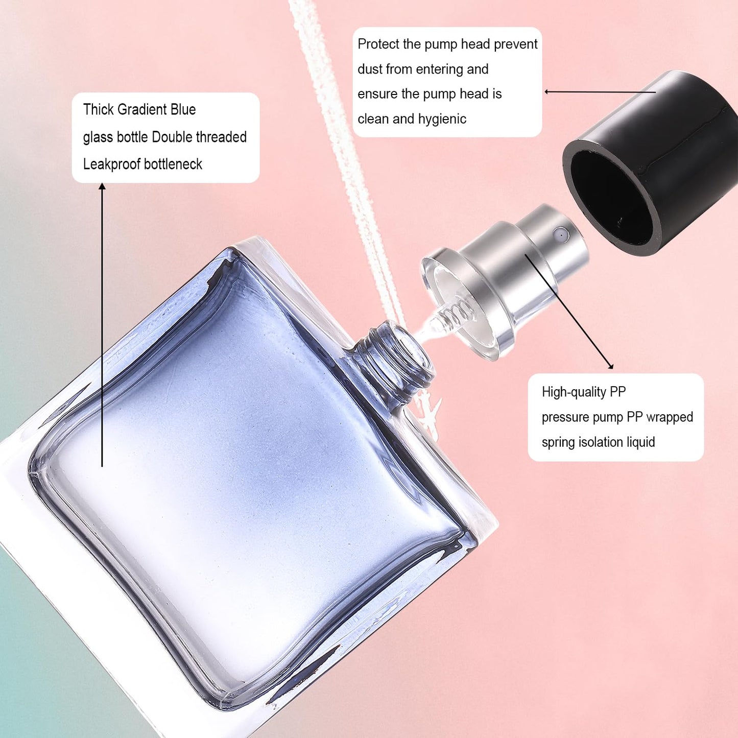 YWG Stone Square Glass Perfume Atomizer Gradient Blue Empty Perfume Spray Bottle Portable Fragrance Fine Mist Spray Bottle Perfume Dispenser for Travel 2 Pack 100ml/3.4oz