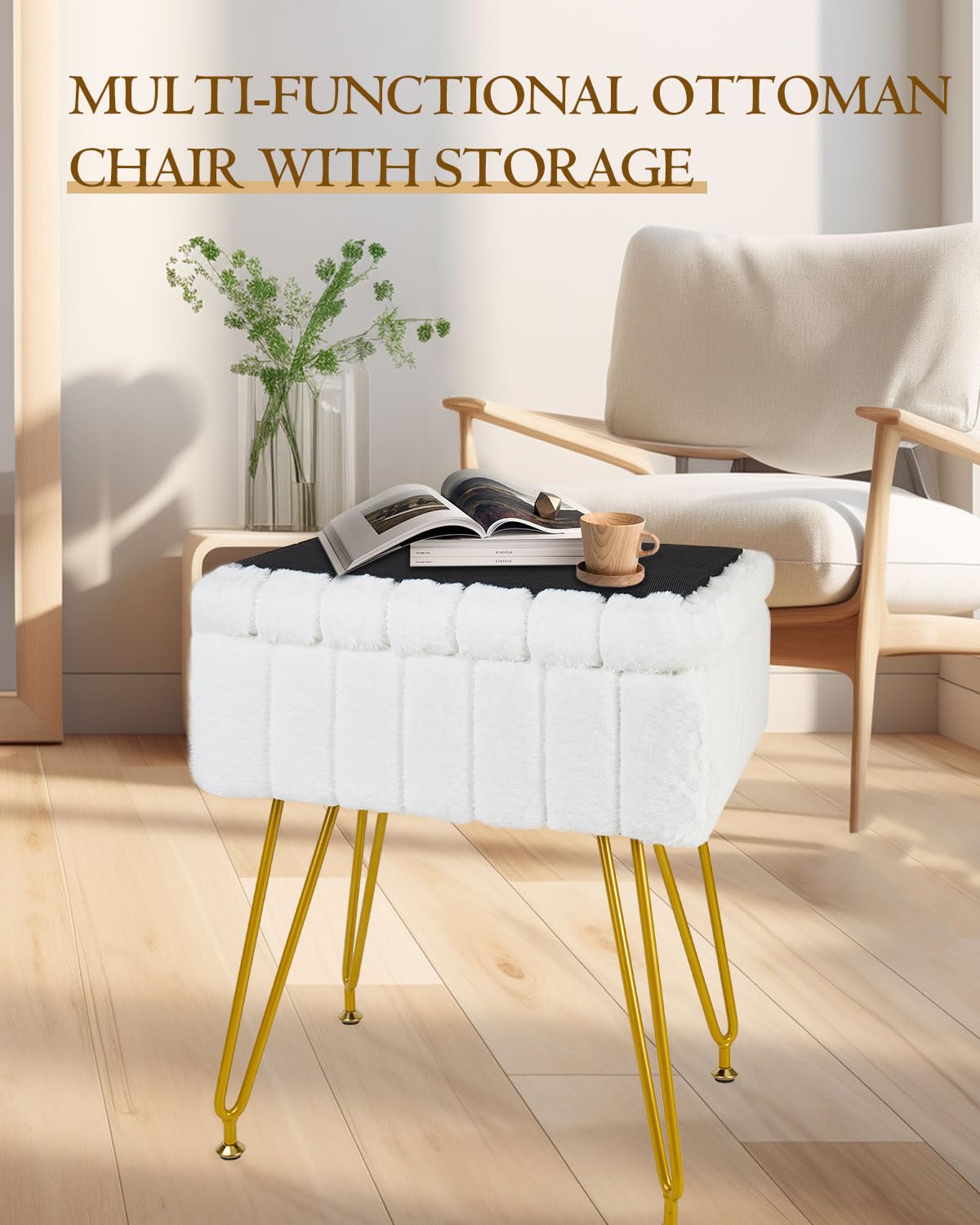Tavovostar Vanity Stool with Storage, Faux Fur Makeup Stool with Metal Legs, Multifunctional Furry Footrest Ottoman Chair for Living Room Bedroom,White