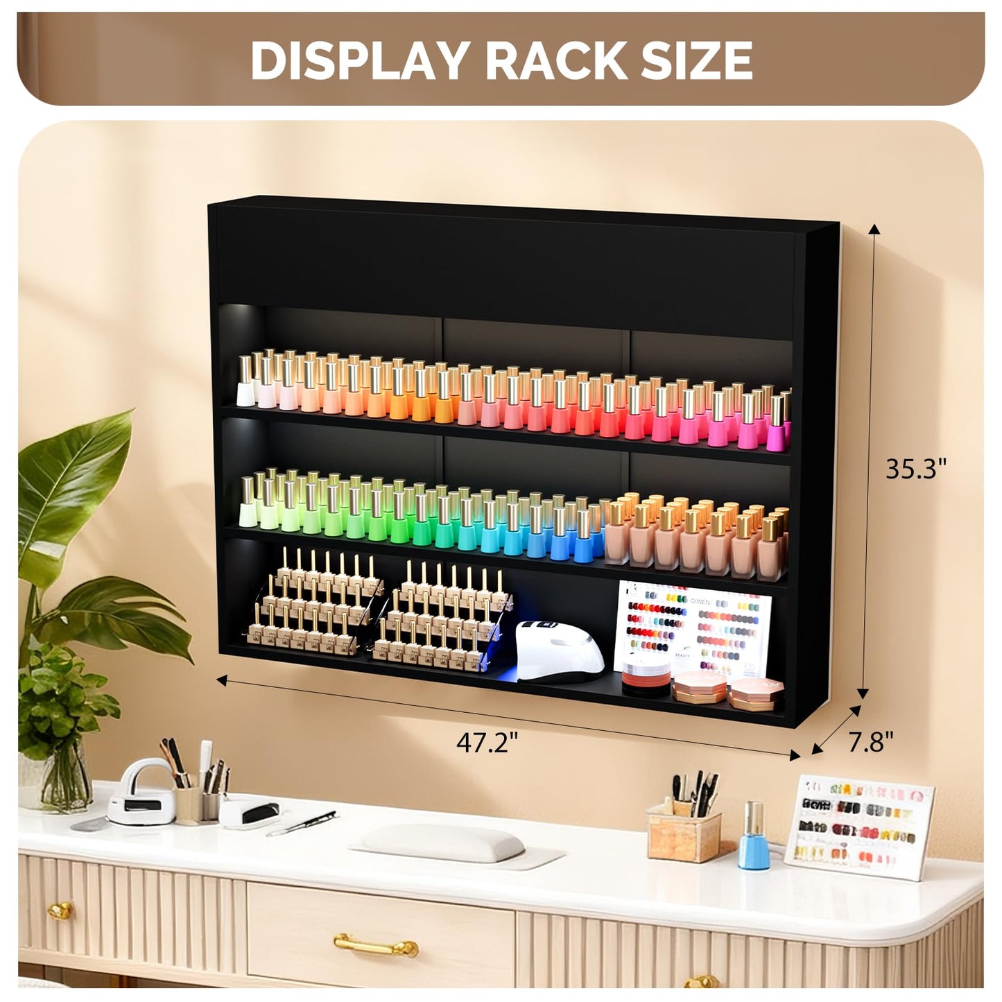 OmySalon Wall Mounted Display Rack, 47.6-Inch 3-Tier LED Nail Polish Organizer Shelf with USB Touch Control, for Nail Salon, Spa, Beauty Studio Storage, Wooden Retail Display (Black)